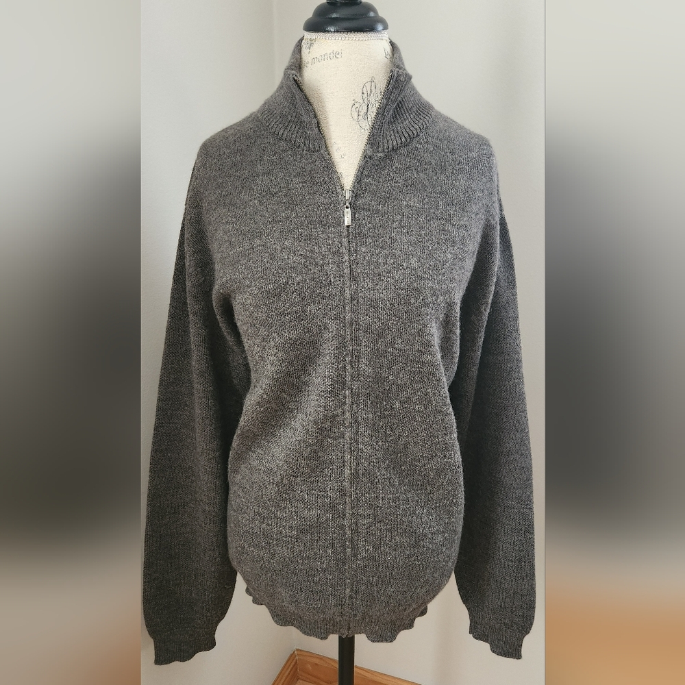 KUNA 100% Baby Alpaca Gray Full Zipper Men's Cardigan With Elbow Patches In L